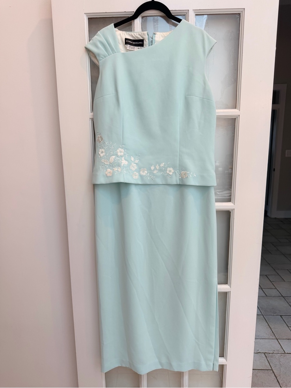 Vintage Donna Morgan 90’s Light Sage Mint Midi Dress Floral Embroidery Size 12